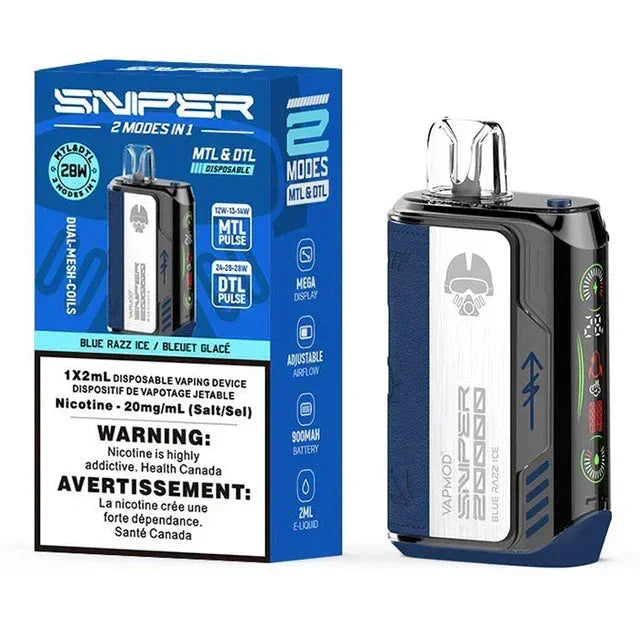 blue razz ice disposable vape VAPMOD SNIPER – FRASER STOP N GO Flavour:Watermelon Ice 30000 Puffs Juul Classic Menthol Pod