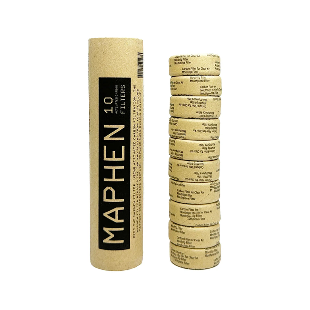 Stack of Maphen filters with a cardboard tube packaging on a white background