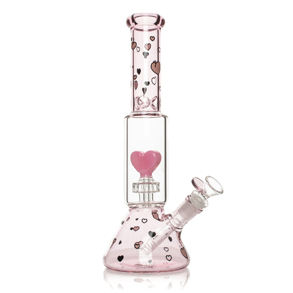 RED EYE GLASS 12" TALL DUAL CHAMBER FLOATING HEARTS BEAKER BASE WATER PIPE