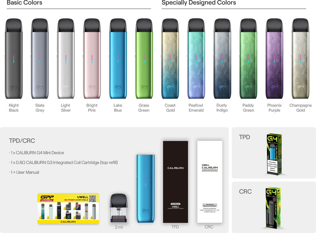 Uwell caliburn G4 mini pod kit fetaure and color